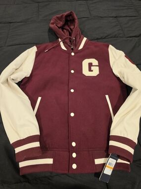 Guess Maroon and Cream Hooded Varsity Jacket